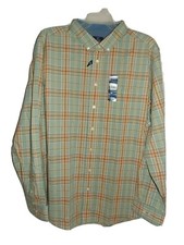 George Mens LS Button Down Plaid Shirt Green Stretch Poplin S 34/36  MS2