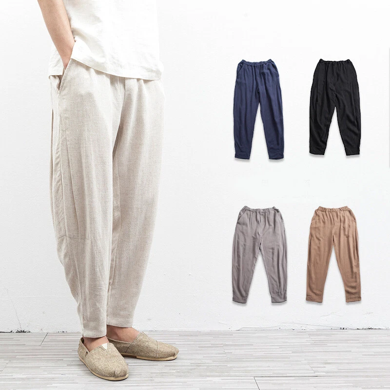 Mens Linen Cotton Tapered Pants Pockets Trousers Summer Loose