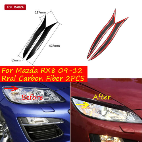 For Mazda RX8 09-2012 2PCS Real Carbon Fiber Headlight Eyebrow Eyelid Cover Trim - Picture 1 of 9