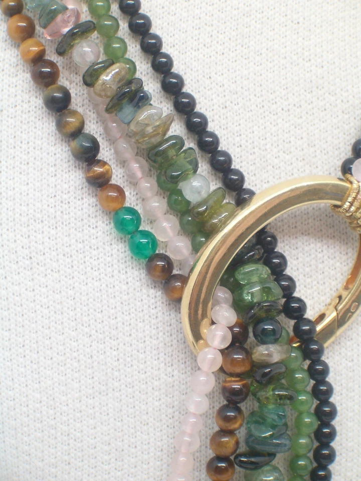 Collana con Onice, Occhio di Tigre, Giada, Tormalina, Quarzo Argento 925 e Oro - Immagine 3 di 4