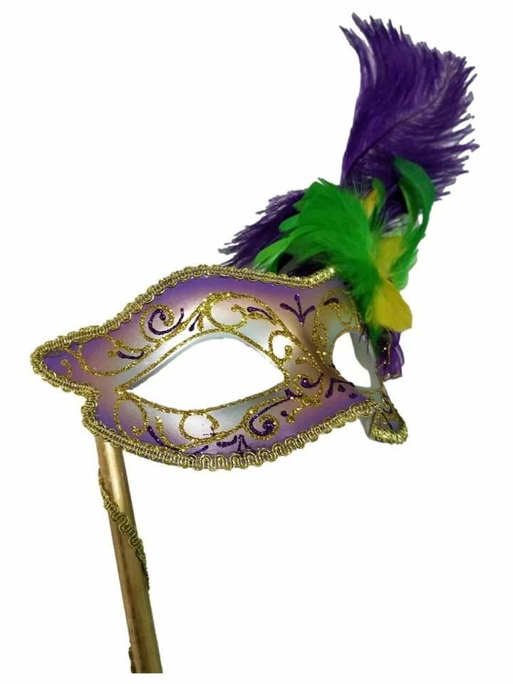Gold, Silver Purple Glitter Flower Feather Stick Mask Masquerade Mask - Image 3 of 4