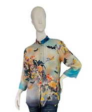 Citron Santa Monica 100% Silk Top Blouse Floral & Butterflies $249 Size XS