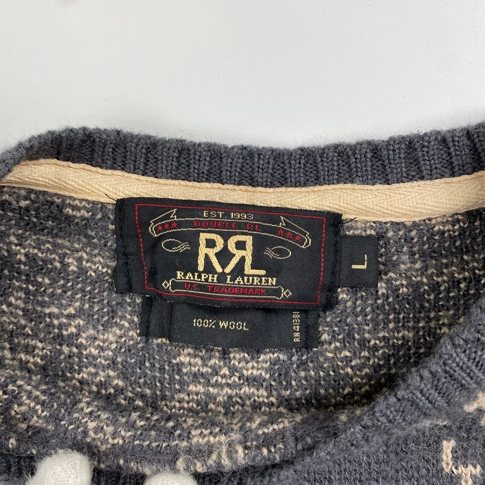 RRL Vintage Nordic Reindeer 100% Wool Sweater Gray Ivory Men’s L Rare - Image 3 of 4
