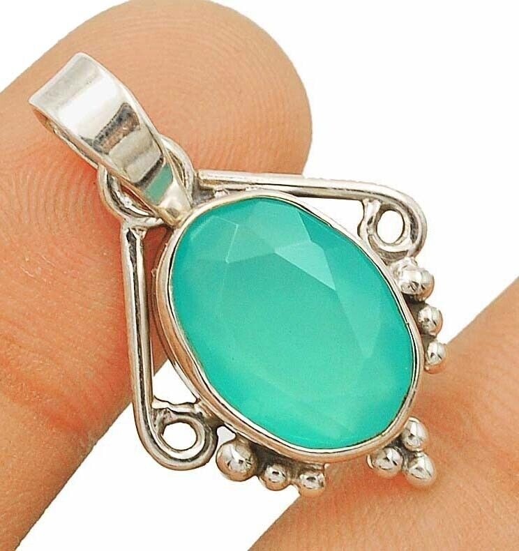Natural Aquamarine Chalcedony 925 Sterling Silver Pendant 1 1/4'' Long @11-7