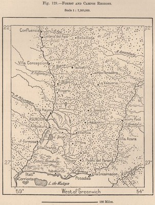 Wald und Campos Regionen. Paraguay. Chaco 1885 alte antike Landkarte Plankarte