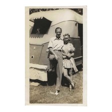 Vintage Snapshot Photo Attractive Couple Travel Trailer Camping 1940s