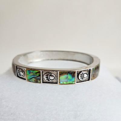 Abalone Inlay Bear Paw Hinged Bangle Bracelet Silver Tone Southwestern 7