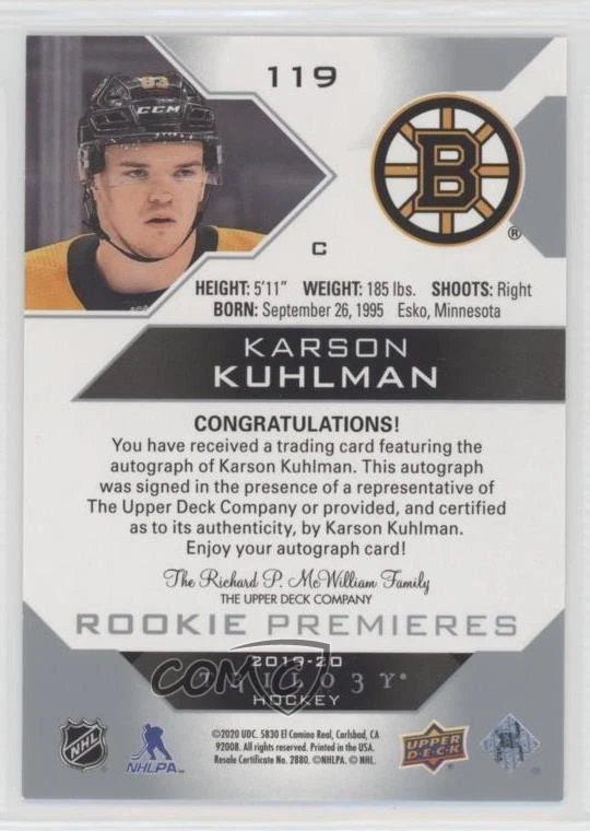 2019-20 Trilogy Premieres Level 3 Silver Foil /49 Karson Kuhlman Rookie Auto RC - Image 2 of 2