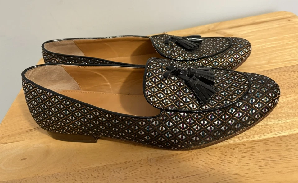 J. Mocasines Crew Jacquard Borla Negro Dorado Patrón Geométrico Talla 9 Dinero Antiguo Foto 2 de 4