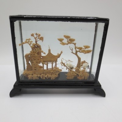 Vintage Oriental Chinese 3D Hand Carved Cork Diorama Pagoda Crane Tree 4''x5''