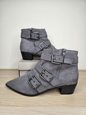 M&S Collection Kunstleder spitz zulaufende Stiefeletten Biker Schnalle grau Gr. UK 8
