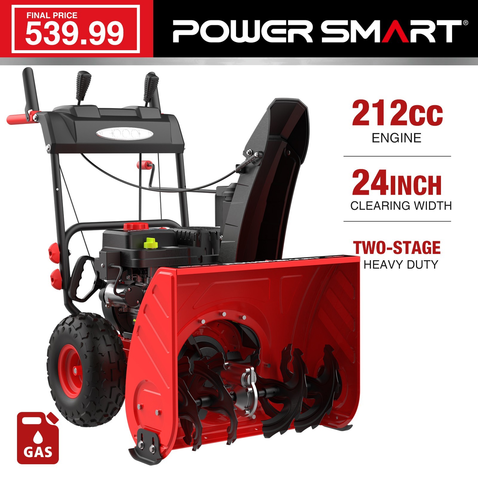 PowerSmart 24" Gas Snow Blower, 212cc, Self Propelled, Quick