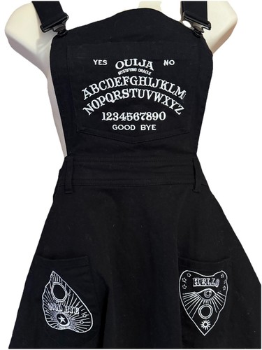 HELL BUNNY Dress Women SMALL Black Ouija Board Goth Occult Pinafore Overall Mini - Picture 6 of 9