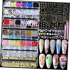 Nail Charms Nail Gems with 15 Sheets Gold Nail Stickers, 6 Boxes Multi-color