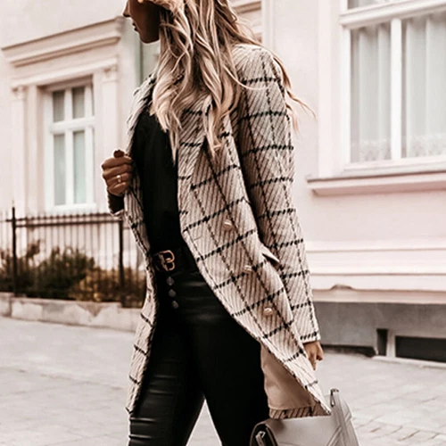 Women's Stylish Check Print Wool Blazer Coat Ladies Long Sleeve Collared Jacket - Picture 9 of 52
