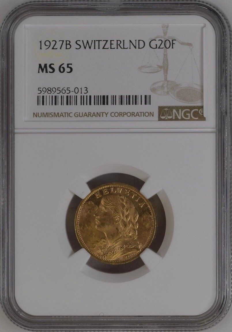 SWITZERLAND , GOLD 20 FRANCS 1927 B - NGC MS 65 , RARE1 | eBay