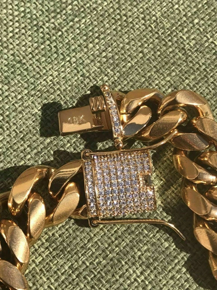 Pulseira masculina cubana Miami Link 14 mm de espessura aço inoxidável folheada a ouro 18k fecho CZ - Imagem 3 de 4