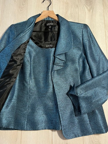 Kasper Blue Tweed Satin Ruffle Collar Jacket And Vest Set Sz 14 - Picture 4 of 8