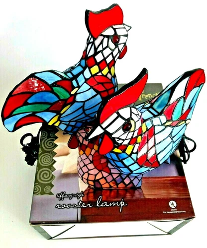 Vintage Tiffany Style-Stained Glass Chicken Rooster (set of 2) Table lamp
