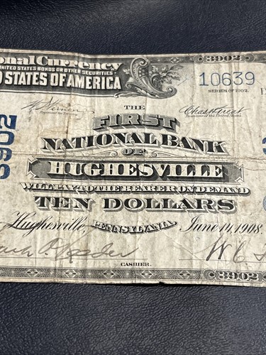 1902 $10 First National Bank HUGHESVILLE Pennsylvania National Currency CH #3902 - Picture 2 of 12