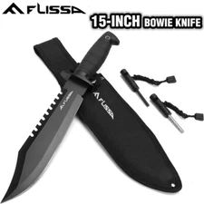 Flissa 15" Fixed Blade Tactical Bowie Knife Survival Hunting Knife Fire Starter