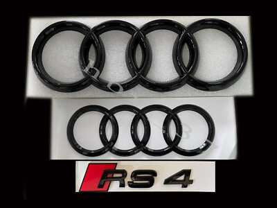New Audi RS4 Front Rear Rings Emblem Gloss Black Trunk Logo Badge Set 3Pcs 2020+