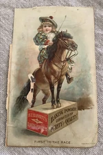 B T Babbitt's Baking Powder trade card plaid-clad girl on horseback 1880s pony