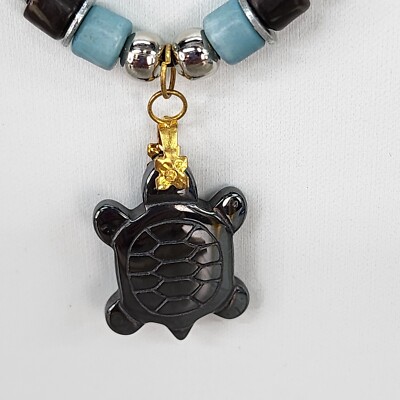 Natural Hematite Turtle Pendant Necklace 14'' Blue & Black Beads Jewelry Flawed