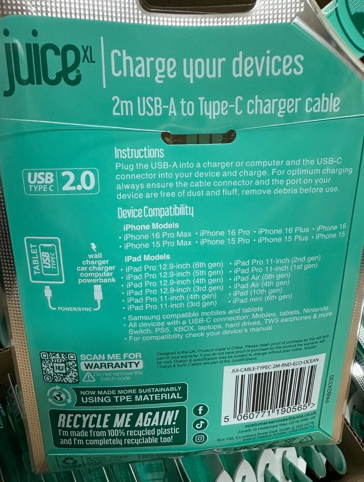 Juice New USB Type-C 2meter Charge & Sync Cable USB-C Black iPhone 15 + Samsung - Image 2 of 4