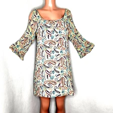 NAIF Cold Shoulder Paisley Dress Size Large Green Multicolor 3/4 Sleeves Lined