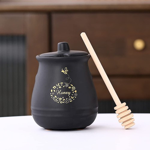 Ceramic Honey Jar with Wooden Honey Dipper-Honey Pot with Dipper- Honey Jar w...