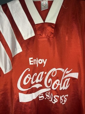 Vintage Enjoy Coca Cola Arabic Soccer Jersey Red White Striped 80s