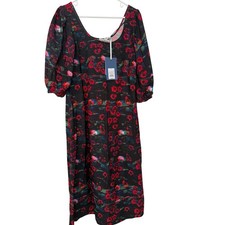 Rachel Comey Dress Sz 8 Black Red Floral Puff Sleeve Midi Target Collab Cottage