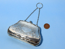 1917 Sterling Silber Geldb&ouml;rse an Kette mit Leder innen Edwardian Damen #NM