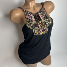 Twenty One Black Tank Top S Boho Embroidered Beaded Halter Neck Blouse USA Made