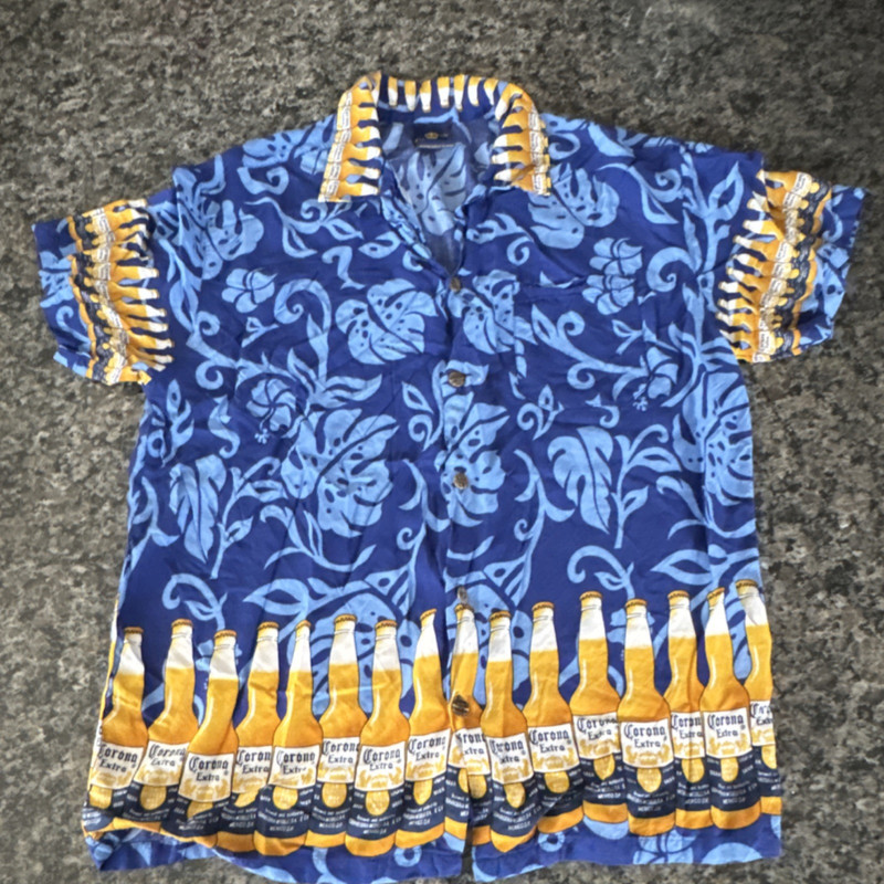 Corona Extra Hawaiian Button-Front Short Sleeve Shirt Blue Floral Bottle Print