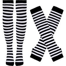 Women's Striped Thigh High Over Knee Socks Arm Warmers Fingerless Gloves Set