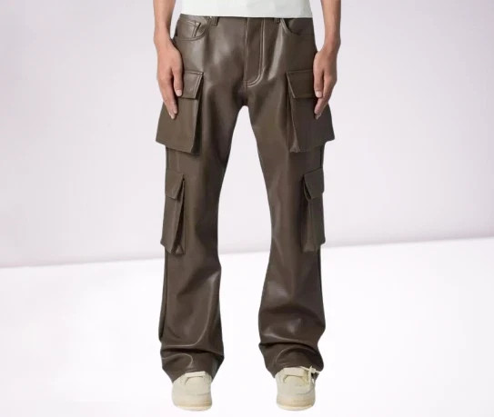 Men's Brown Leather Cargo Trousers with Four Flap Pockets All Size