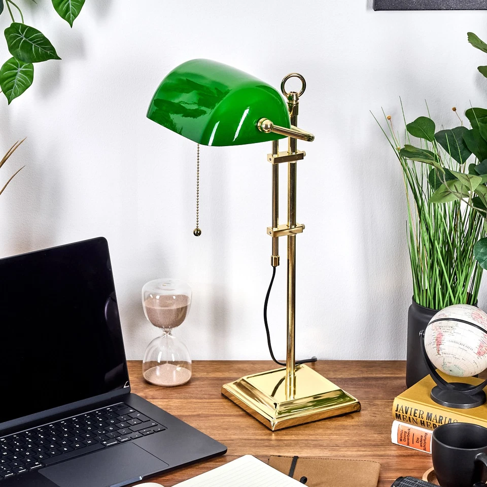 Bankerlampe & Schreibtischlampe: Zugschnur, E27, Metall/Glas, Messing/Grün/Weiß - Bild 2 von 4