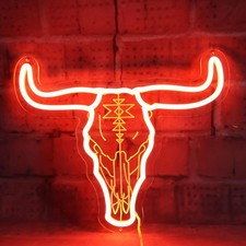 Letrero de neón LED con cabeza de vaca calavera de toro Longhorn de 16"x13" con atenuador de luz alimentada por USB