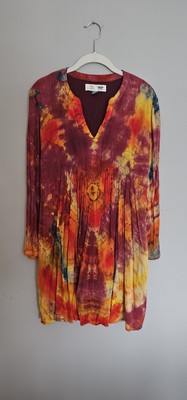 Old Navy Maternity Dress Size L Tie Dye 100% Rayon Pleated Red Orange Hippy 