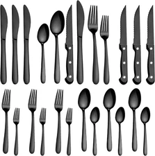 Pleafind 24Pcs Black Silverware Sets for 4 - Dishwasher Safe, Flatware Set with