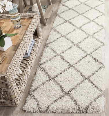 Hudson Shag Collection Runner Rug - 2'3'' x 6', Ivory & Grey, Modern Trellis D...