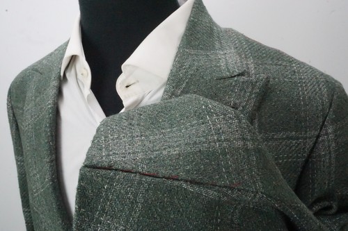 Isaia Rustic Tussah Silk Linen Wool Base Sanita Green Plaid Sport Coat 43S NEW - Picture 4 of 9