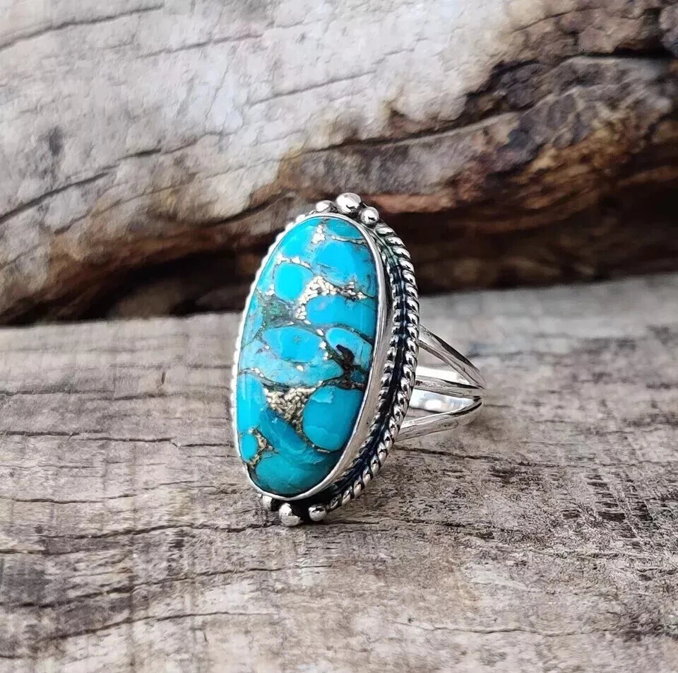 Blue Copper Turquoise Ring Handmade 925 Sterling Silver Boho Ring All Size R147 - Image 2 of 4