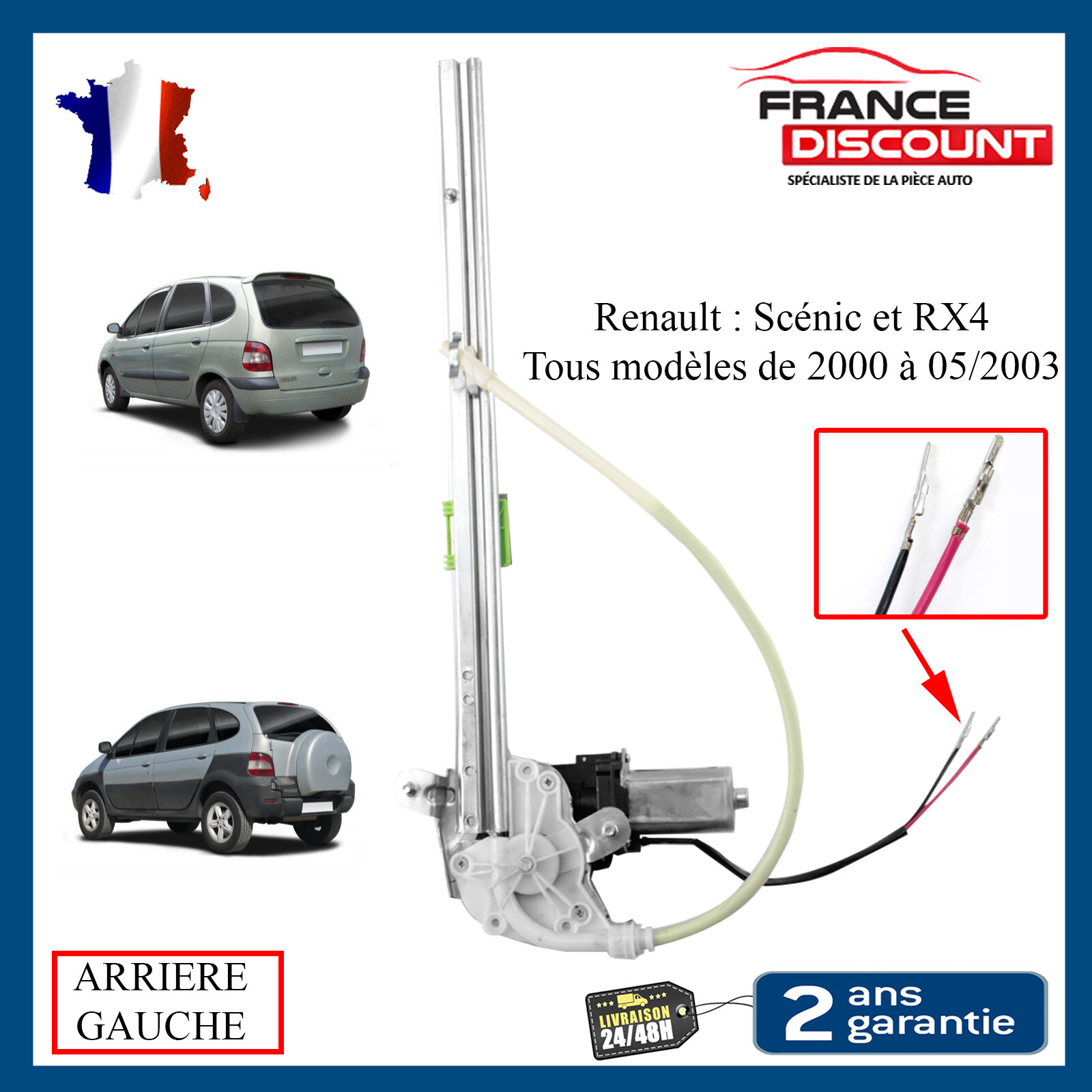 Lève-vitre arrière gauche électrique pour Renault Scenic 1 phase 1 et 2 avec mécanisme à 2 broches