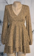 SHEIN Brown Black Animal Print V Neck Dress Small Tiered Skirt Long Sleeves