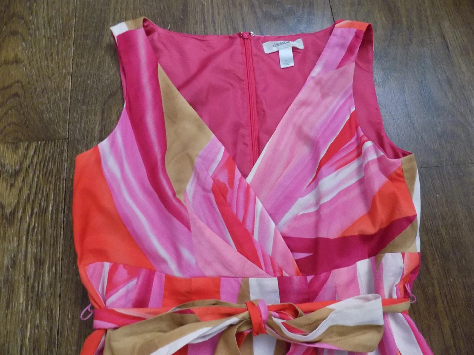 DressBarn EUC Dress Empire Sleeveless Belt tie bow Pink Beige Orange Cotton Sz 8 - Image 2 of 4