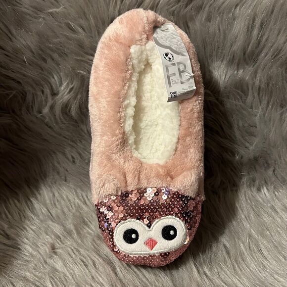 FB By Fuzzy Babba Slipper Socks Womens Shoe Size Pink Owl Sequin Shoes