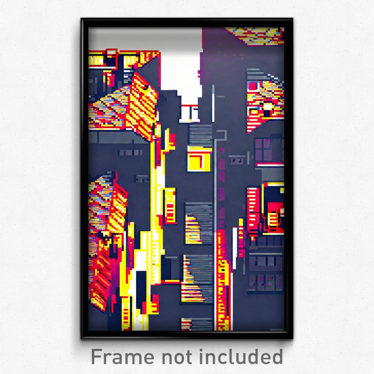 8 Bit Psychedelic Pixel Art Poster - Buoyant Rooftops Video Game Print
